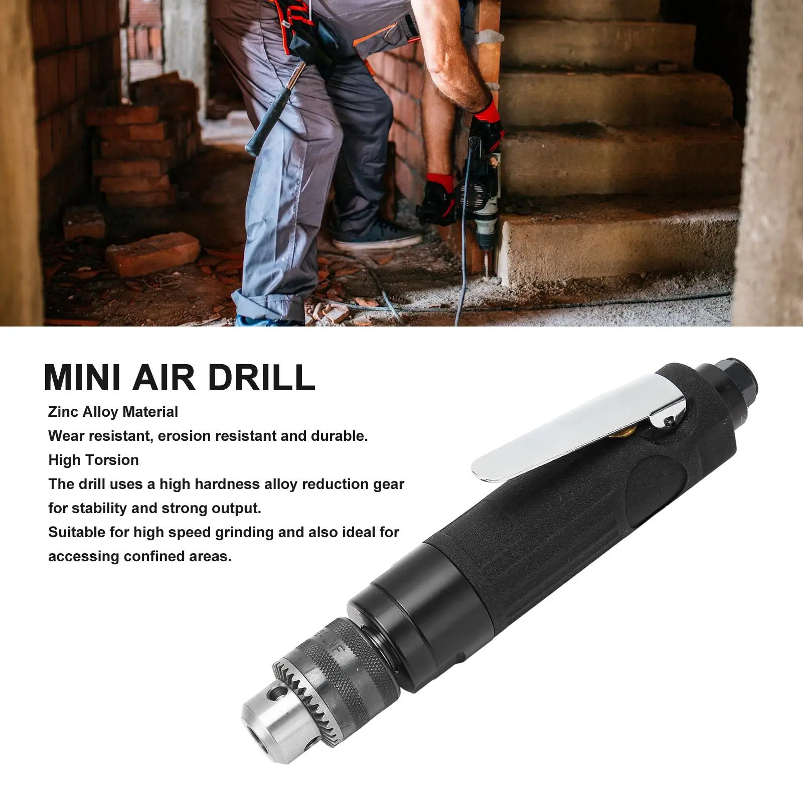 2200RPM Air Power Drill - Zinc Alloy, Ergonomic Grip, Straight Pneumatic Design for Tight Spaces