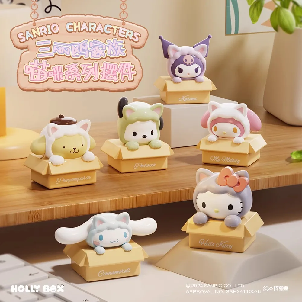 New Genuine Sanrio Family Cat Series Blind Bag Toys Cute Cartoon Pompompurin Kutomi Cinnamoroll Blind Bags Desktop Ornament Toys