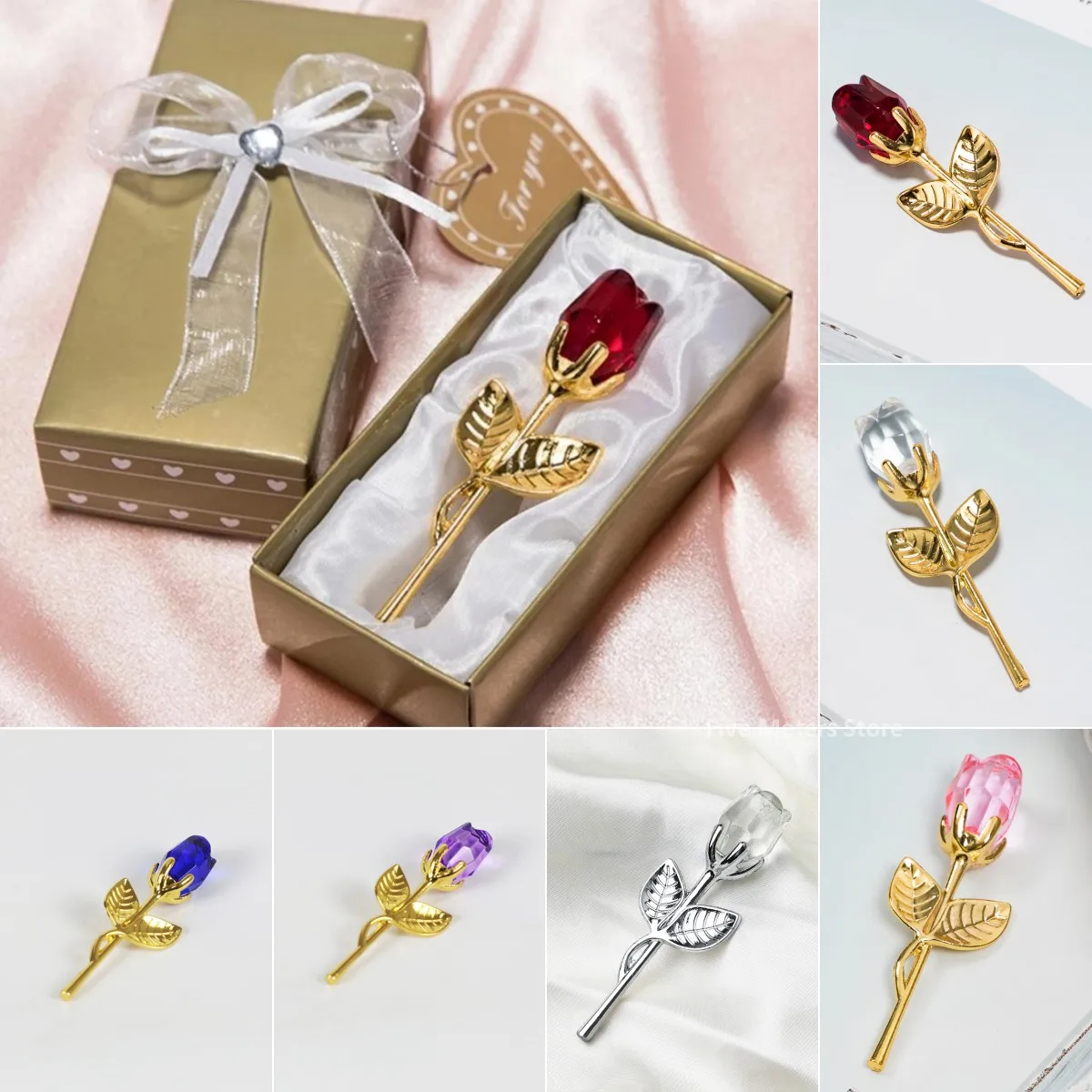 

10color Crystal Glass Rose Flower Figurines Craft Artificial Flower With Box Valentine'S Day Wedding Favors Lovers Gift Souvenir