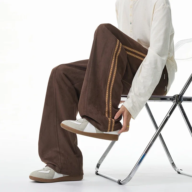 Mens Casual Wide Leg Sweatpants With Side Stripes Elastic Drawstring Waist Relaxed Fit Soft Touch Trousers For Everyday Dressing