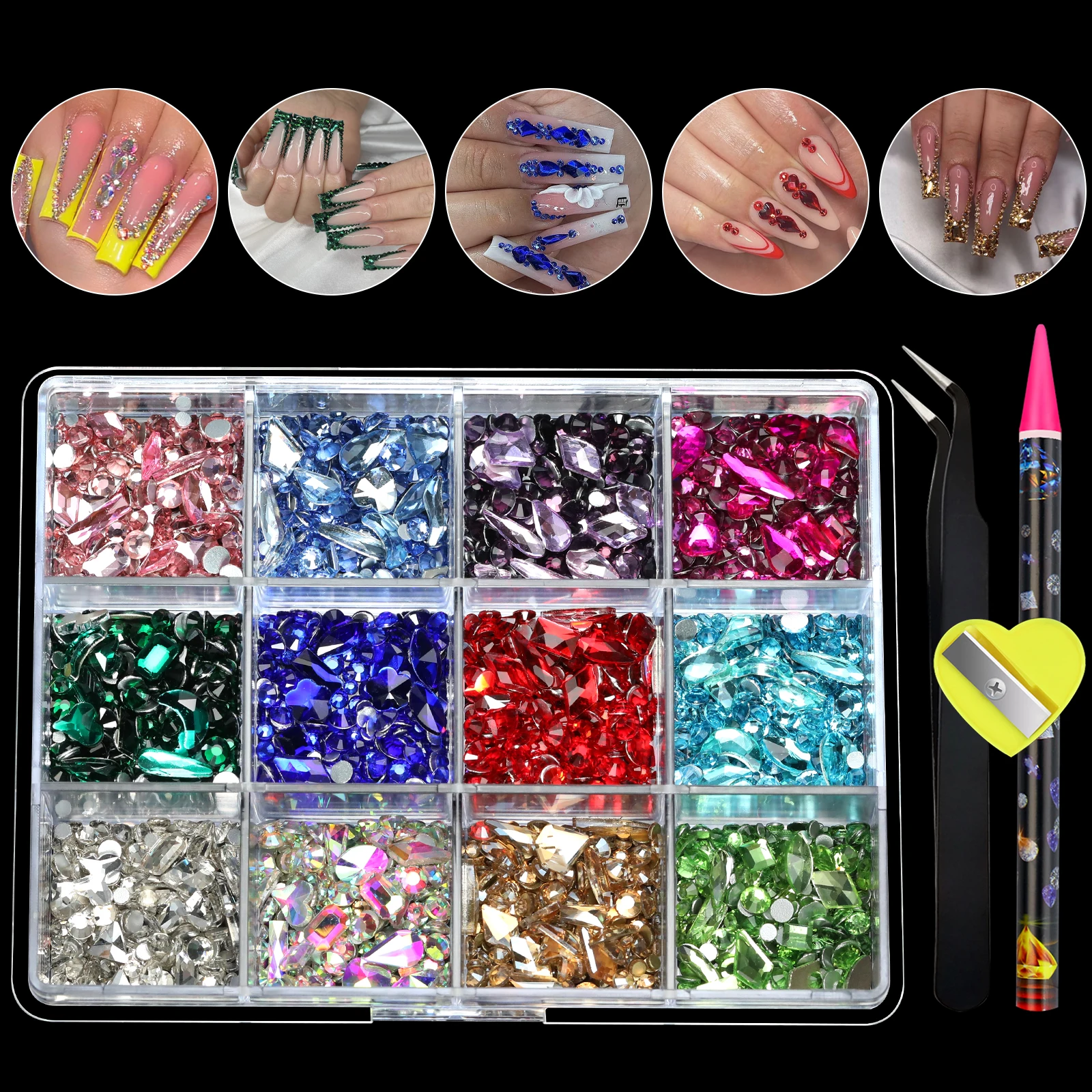 12Grids Luxury Mixed Shaped Colorful Rhinestones Flat Bottom Glass Crystal Nail Art Charms Kit DIY Nail Accessories Salon