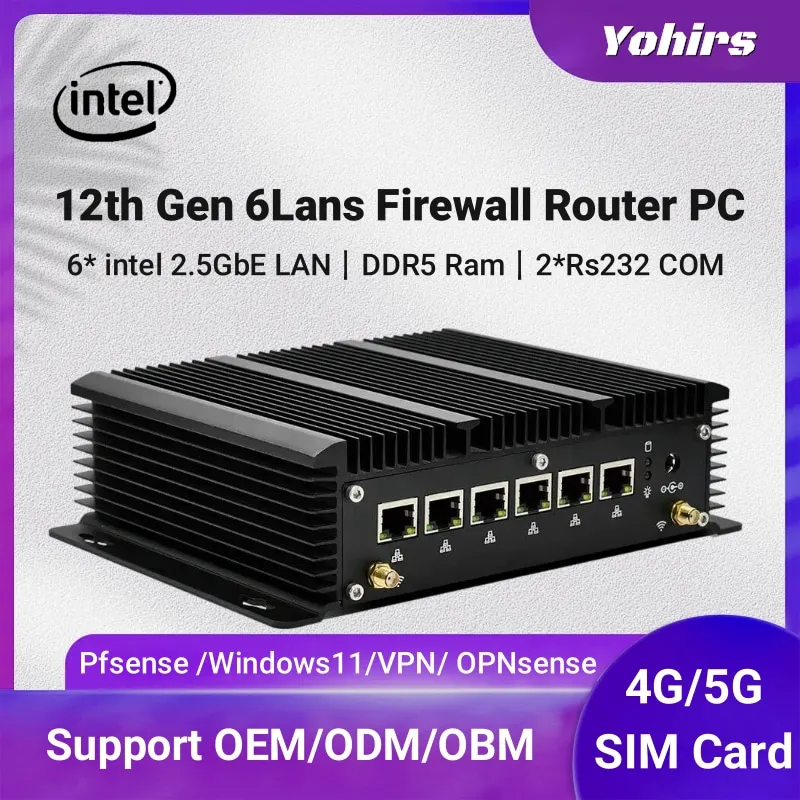 Router Firewall generasi 12 Pc Mini Intel Core i5 1235U i7 1255U DDR5 4800MHz 6Lans DB9RS232 Slot SIM tanpa kipas komputer industri