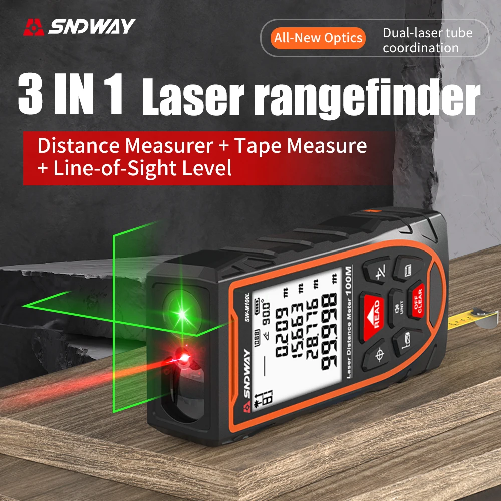 SNDWAY 3 IN 1 Laser Rangefinder Green Laser Level 2M Tape Measure Distance Meter Rechargeable Battery Angle Measurement Tool