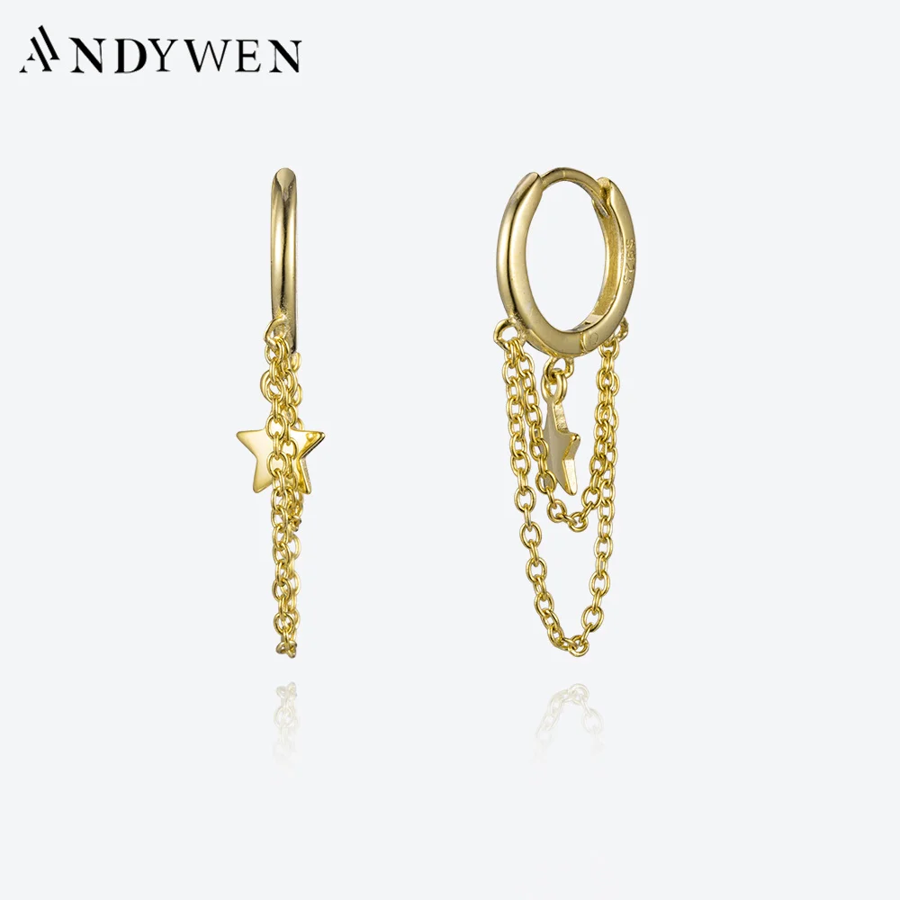 

ANDYWEN 925 Sterling Silver Gold Long Chain Star Drop Earring Piercing Pendientes 2022 Rock Punk Clips Luxury Fine Jewelry