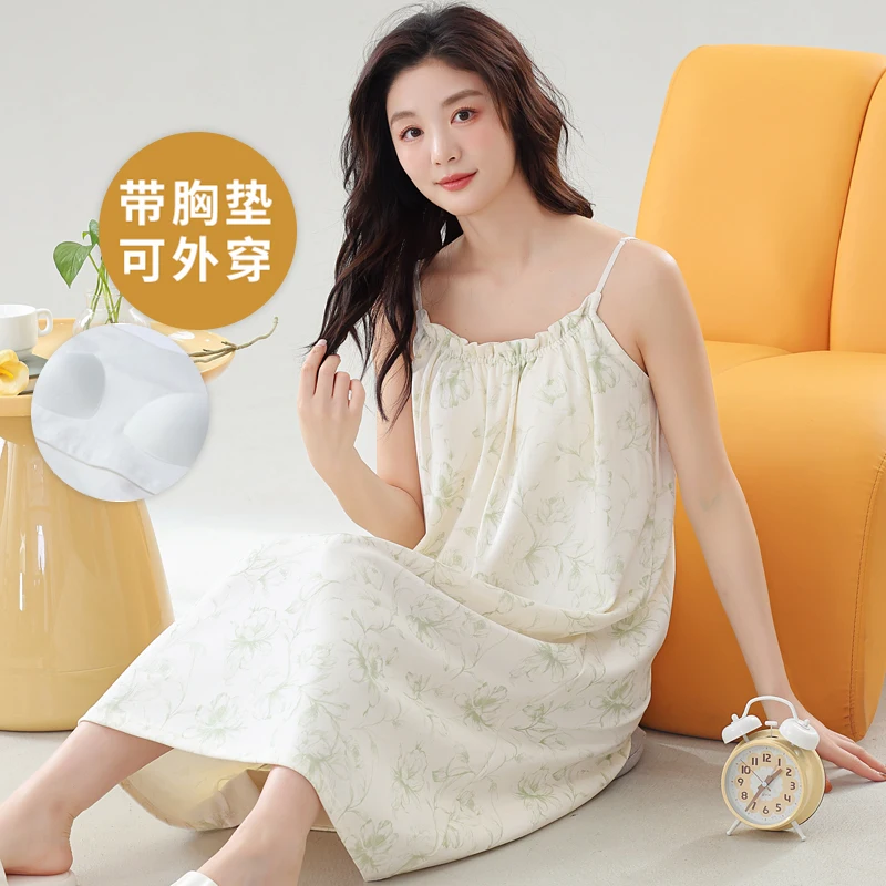 Summer Sleepwear with Bra pad Integrated suspender Nightdress Cotton loungewear pajamas Mid-length large Sleeveless Nightgown