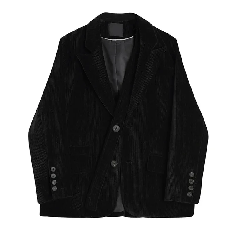 Vintage Women Black Corduroy Suit Jacket 2024 Spring Autumn Notched Collar Long Sleeve Female Blazer Outerwear Casual Streetwear