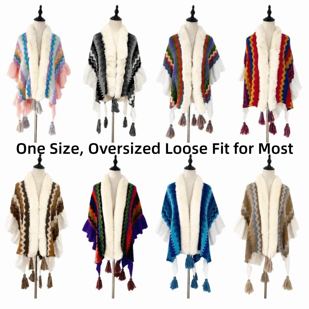 Bohemian Knitted Knit Shawl Cape Furry Tassel Faux Fur Collar Poncho Ruffle Edge Ethnic Poncho Shawl For Women