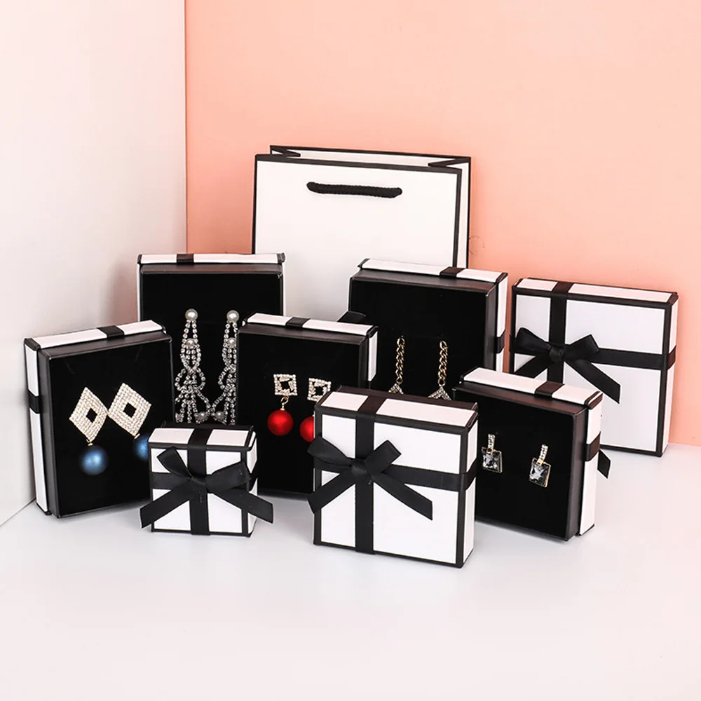 5pcs White Orange Bow Boxes Necklace Earring Ring Jewelry Packaging Lid And Base Box With Black Foam Insert Wedding Gift Case