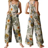 Combhasaki Women's S-3XL Cotton and Linen Jumpsuit Leaf Floral Print Square Neck Sleeveless Casual Loose Overalls with Pockets - Image 3