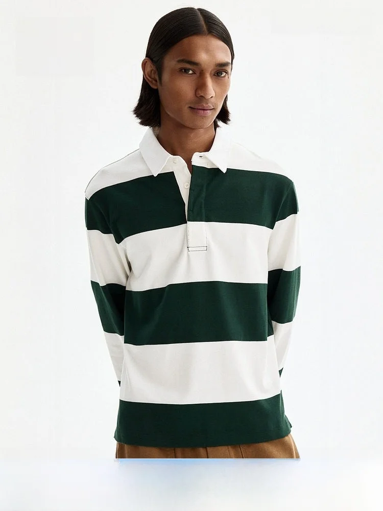 

Мужская хлопковая рубашка-регби H&M, стандартный крой, с длинным рукавом, с капюшоном, летняя, в полоску, повседневный стиль, без особых функций, молодежная мода