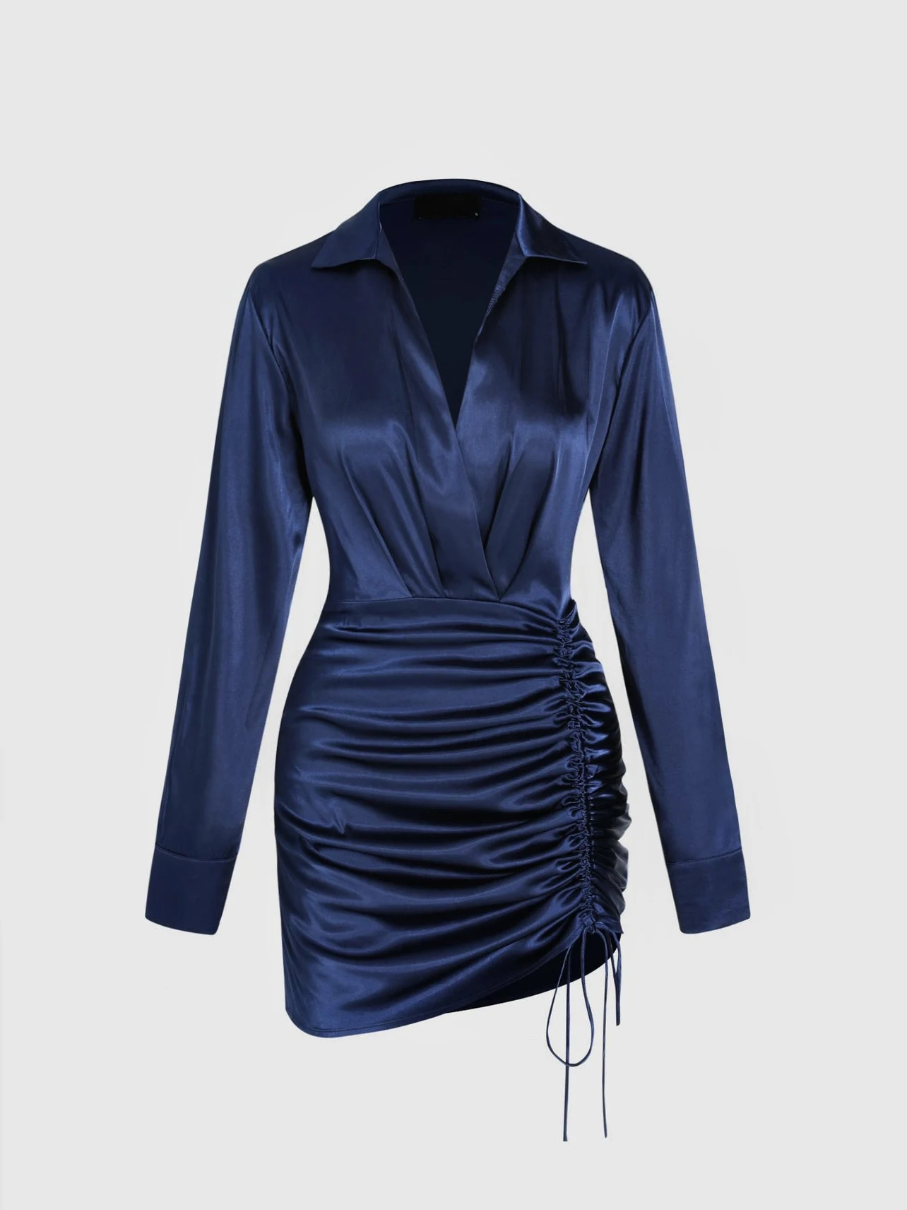 Dames 2024 sexy stijl diepe v-hals trekkoord geplooid ontwerp elastisch satijn lange mouw shirring shirt korte bodycon mini-jurk