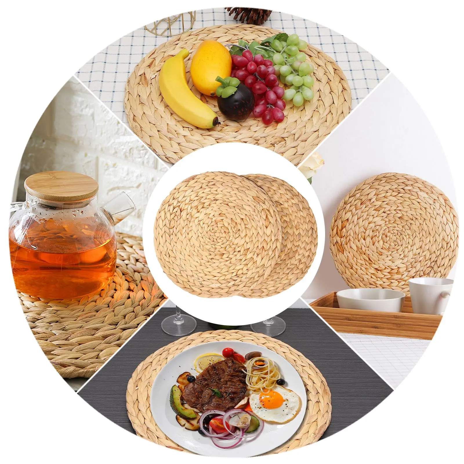 Cattail Straw Round Woven Placemats Rattan Table Mats Natural Straw Mat Braided Weave Placemats Handmade Table Insulation Mat