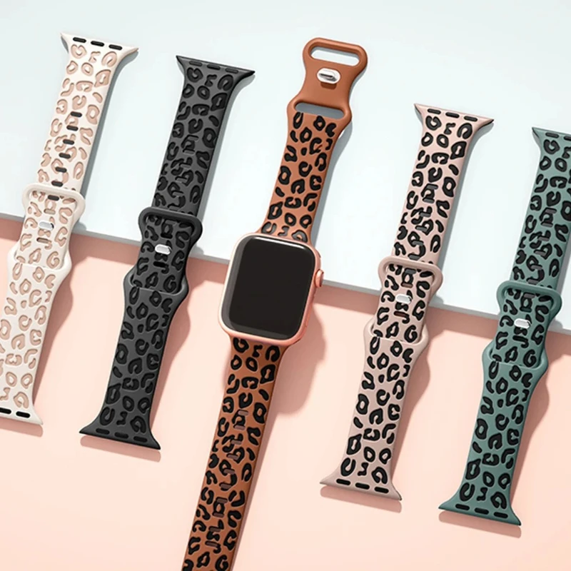 Applicable Apple Strap IwatchS11 Printing Engraving Silicone 9/876se Leopard Print Wristband Leopard Print