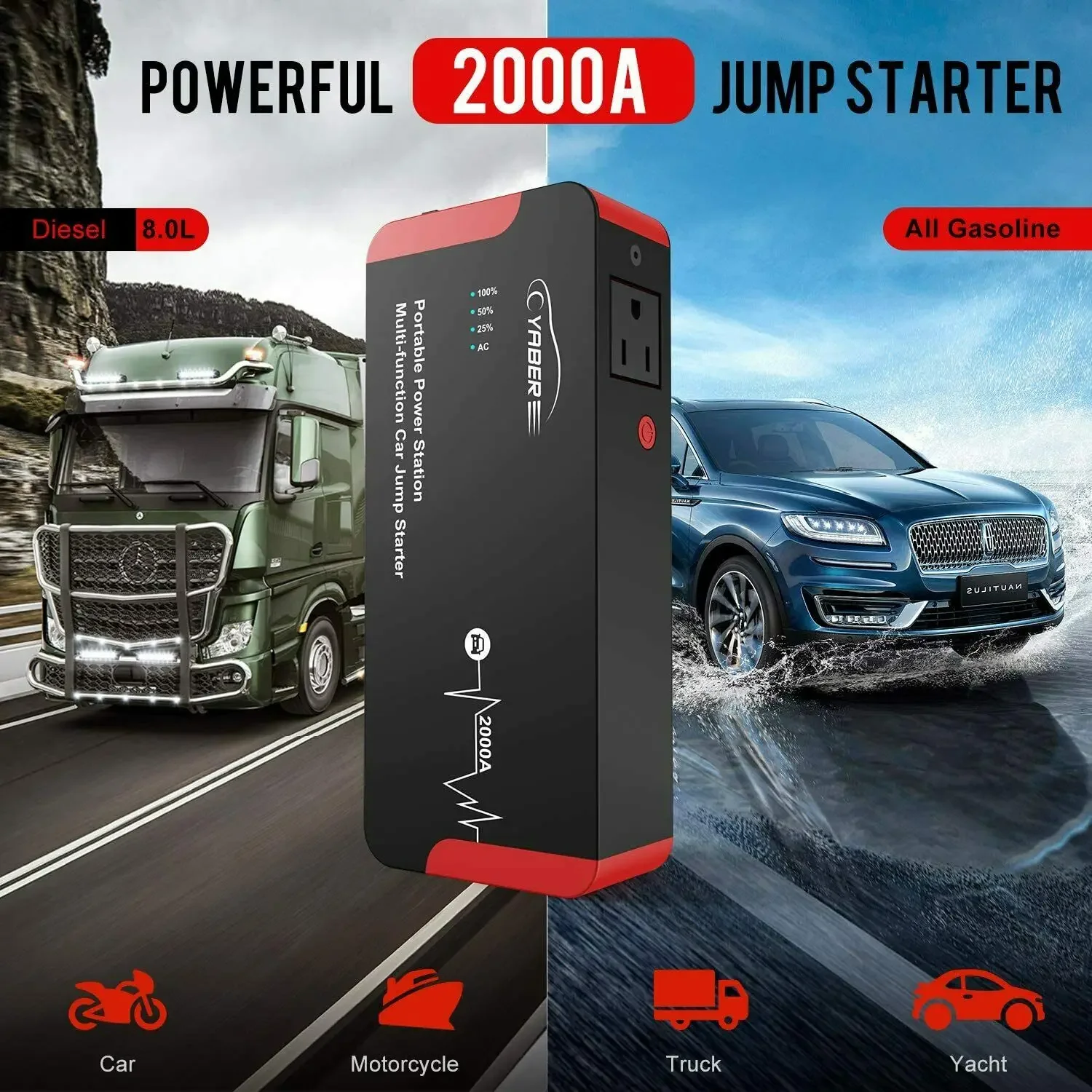 Sold 2000A peak 22000mAH 100W portable AC jump starter automobile battery jump starter