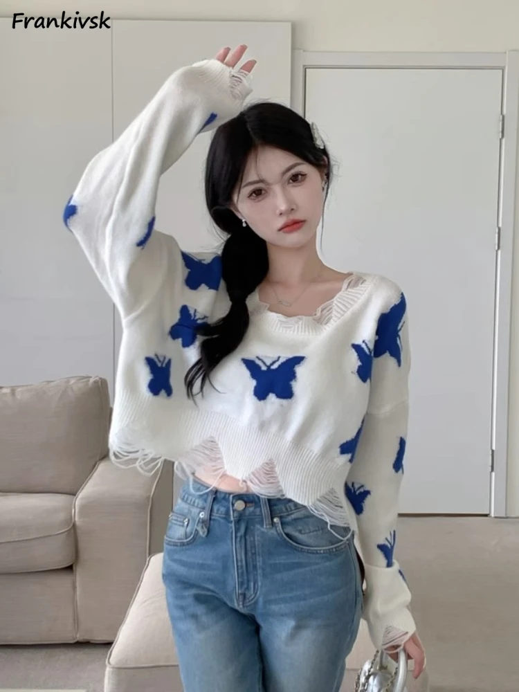 Printed Sweaters Women Contrast Color Frayed Retro Korean Style Cropped Daily Spicy Girls Vitality Knitwear Personality Niche