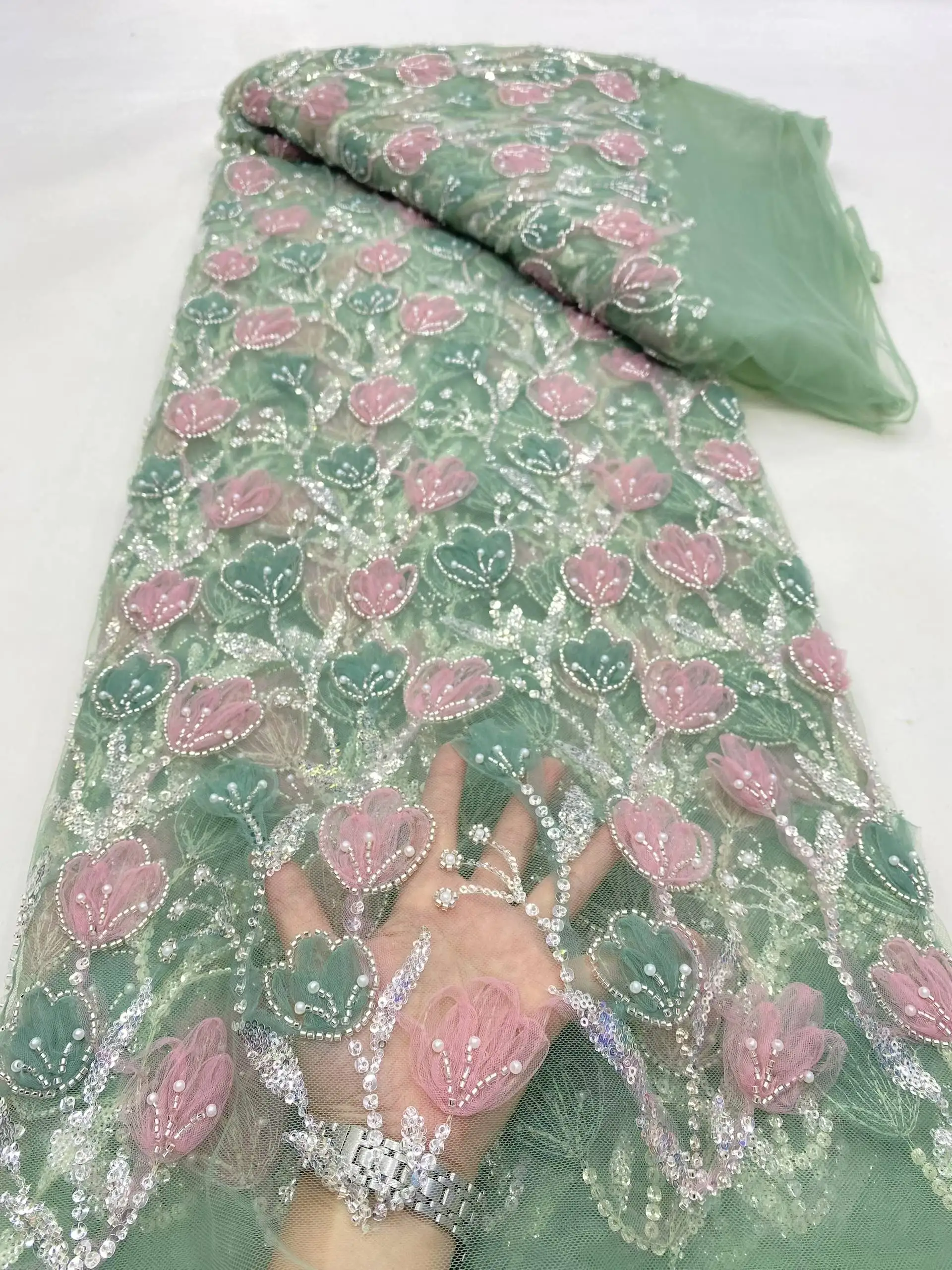 Tela de encaje africano con cuentas azules y flores 3D, tela de encaje francés con cuentas de tubo bordado de lentejuelas de lujo para boda, 2023