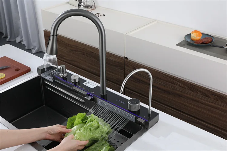 Integrated drainage of the sink, faucet, waterfall, water outlet, digital display, kitchen sink, vegetable basin, sink