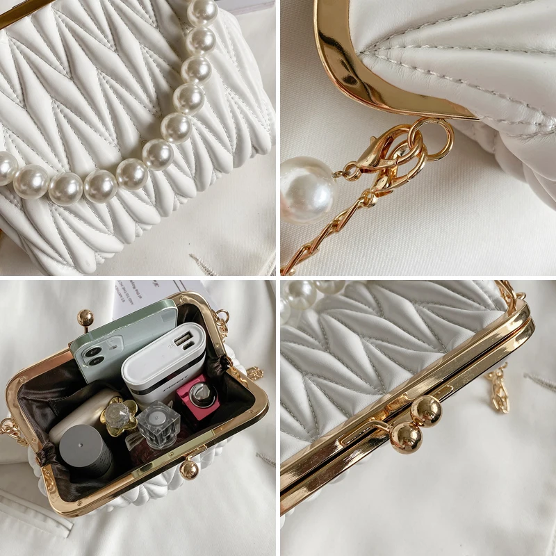 Fashion Quilted Ladys Evening Clutch Purse Pearl Clip Bag Shoulder Bag Metal Chain Luxury Handbag And Purse Woman Corssbody Bags