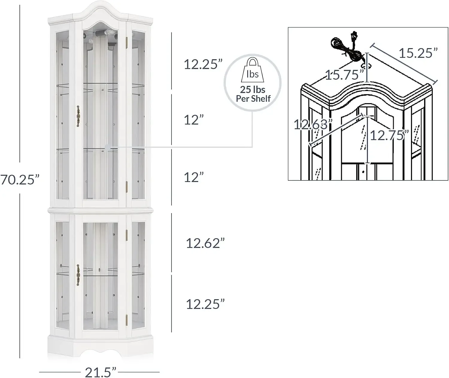 Lighted 3-Side Glass Display Curio Cabinet w/ Tempered Glass Doors and Shelves, Curved Wood Corner Cabinet with Bulb, Corner Sto