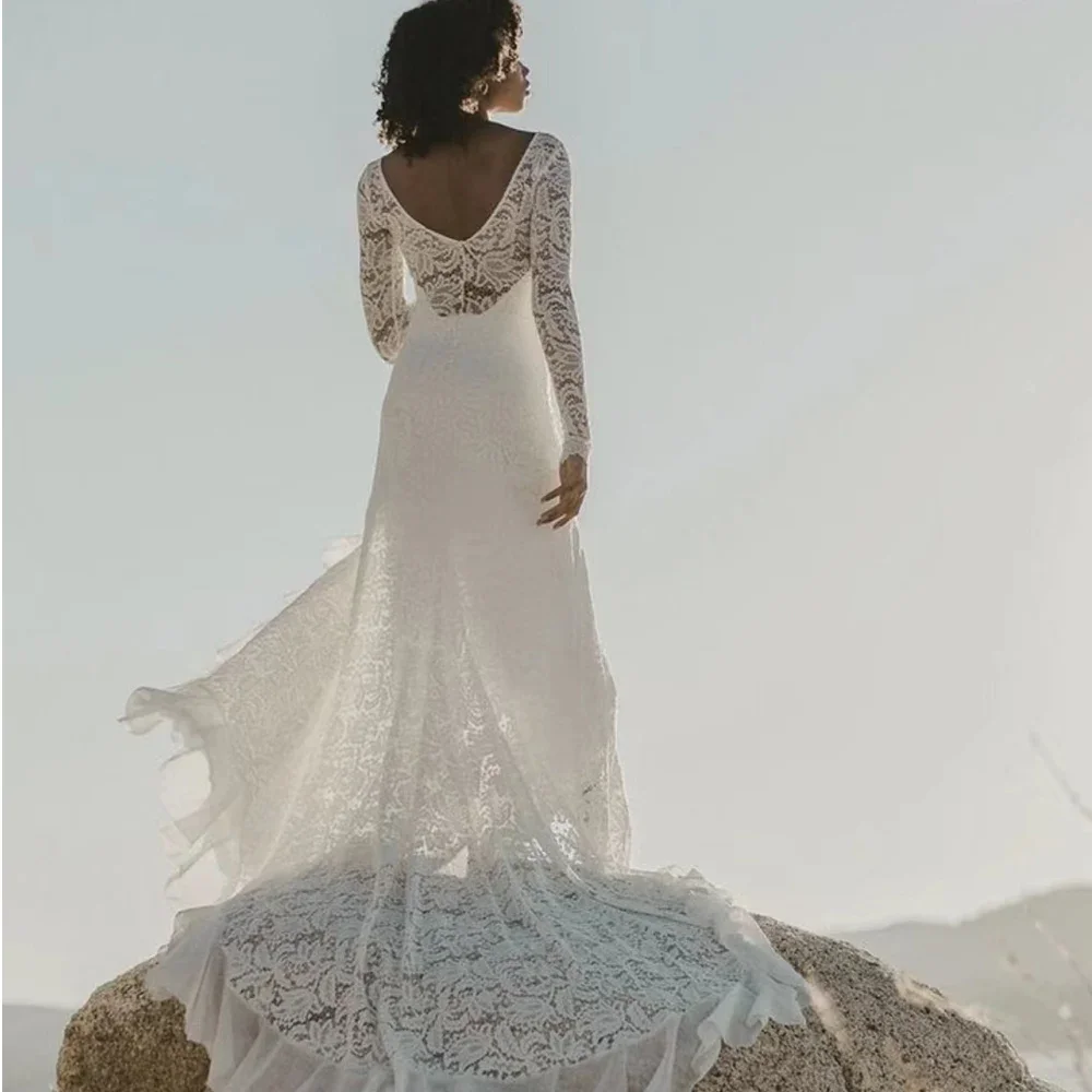 Robes De mariée blanches sirène en dentelle, Sexy, manches longues, dos Illusin, longueur au sol, robe fendue sur le côté