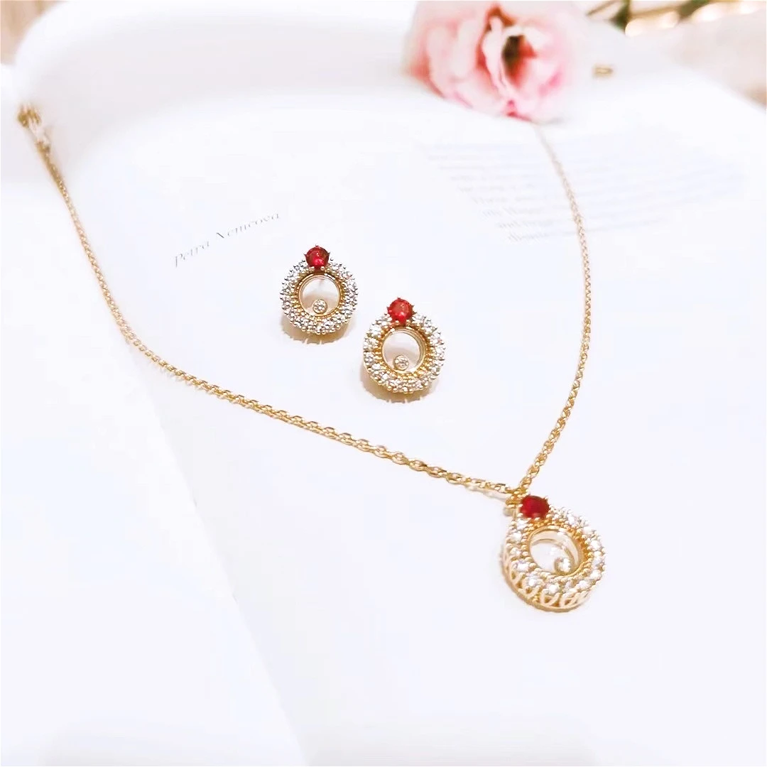 

Bohemian ethnic style fashion gold-plated round red diamond earrings necklace set