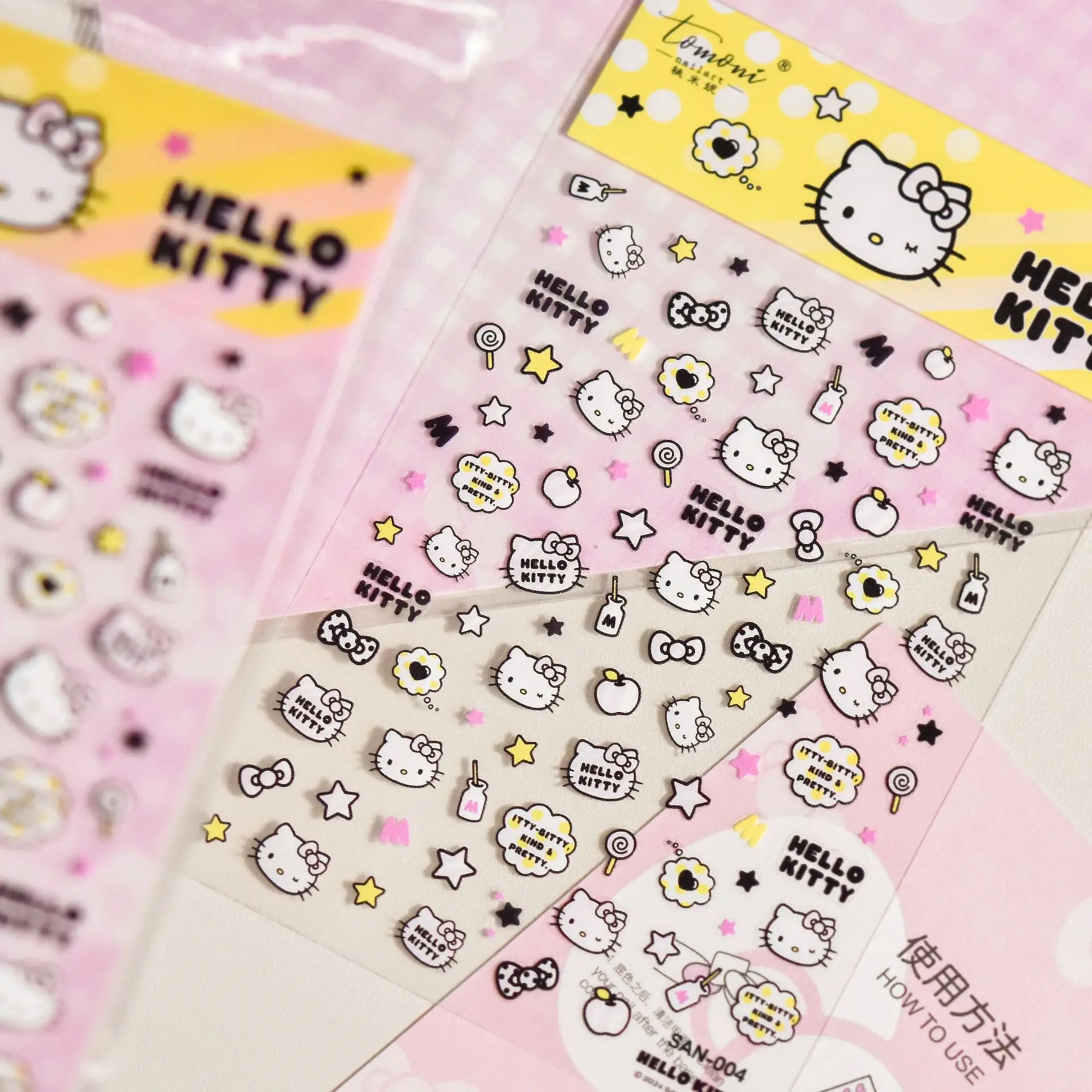 HelloKitty Sanrio ملصقات فنية لتزيين الأظافر ، ملصقات أظافر 5D للطلاء ، تصميم أزياء ذاتية الصنع ، إكسسوارات سعيدة ، جديد ، ورقة واحدة