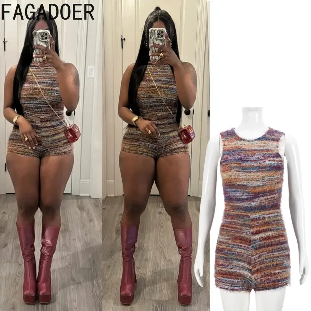 

FAGADOER Striped Knit Romper Women Color Blocks Sleeveless Fur Patchwork One Piece Bodycon Jumpsuits Female Overalls Streetwear