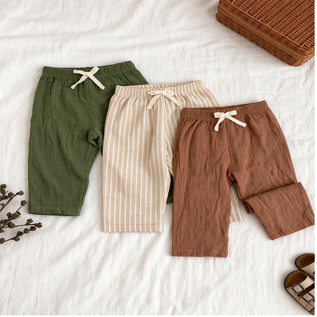 3 Pack Toddler Baby Boy Linen Cotton Pants Spring Summer Casual Long Trousers Elastic Waist Solid Striped Kids Pants
