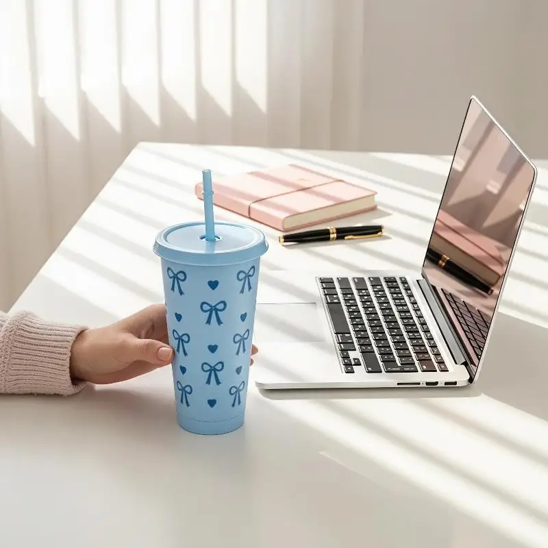 710ml/24OZ Cute Bowknot Plastic Straw Cup Leak‑Proof With Lid Reusable Cold Drink Coffee Water Cup Summer Drinking Supplies