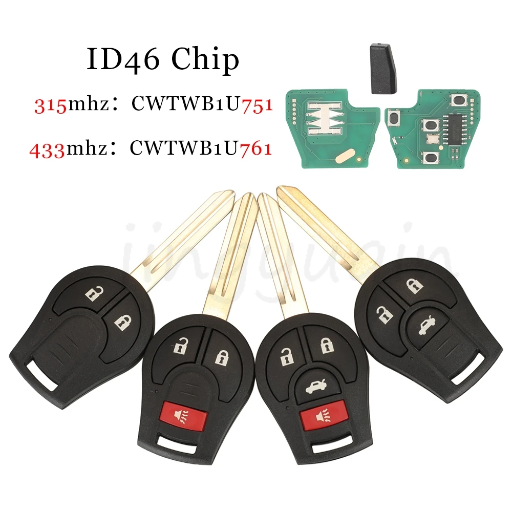 jingyuqin 2/3/4 Buttons Remote Car Key 315/433MHZ ID46 Chip For Nissan CWTWB1U751/CWTWB1U761 1788D-WB1U751 H0561-C993A