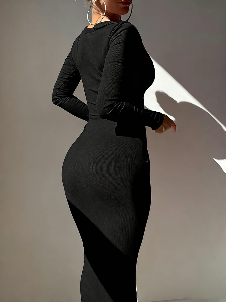 فستان Kliou كاجوال أنيق طويل للنساء بياقة مربعة وأكمام طويلة نحيل قابل للتمدد يوميًا وبسيط وأنيق فساتين كلاسيكية