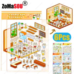 1-6Pcs Kawaii 3D Landscaping Stickers Cartoon Pocket Diy Scene Cabin Scene sticker Stacking Pasting Gift for Student Kid Child