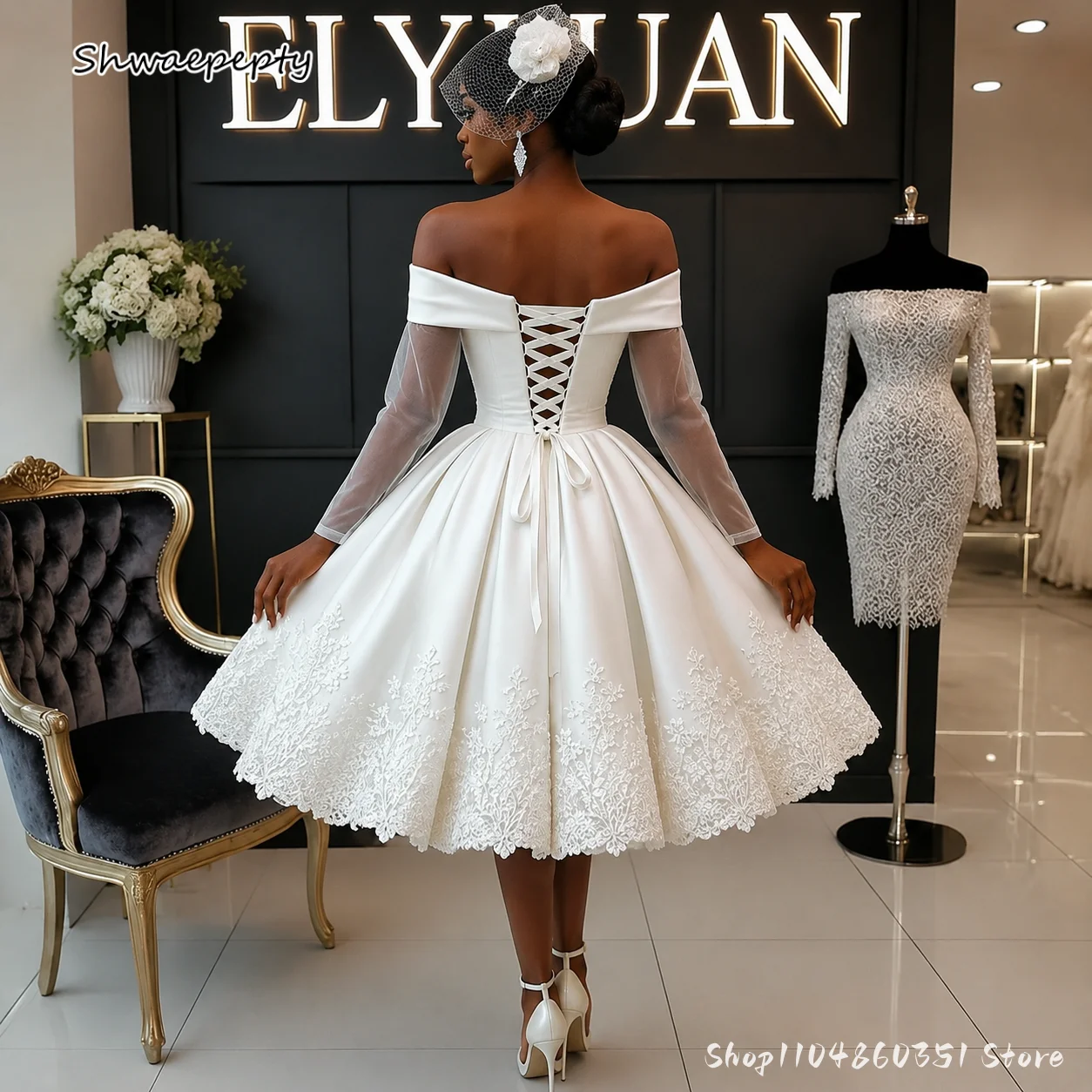 Off-Shoulder Mid Length Civil Wedding Dress Transparent Long Sleeves Lace-Up Corset Bridal Ball Gown Costume Customized
