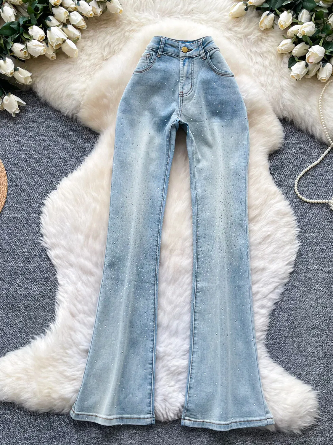 Trendy High Waist Sparkle Rhinestone Women Jeans for Women Elastic Denim Straight Pants Fashion Daily Commute Chic Lady Jeans