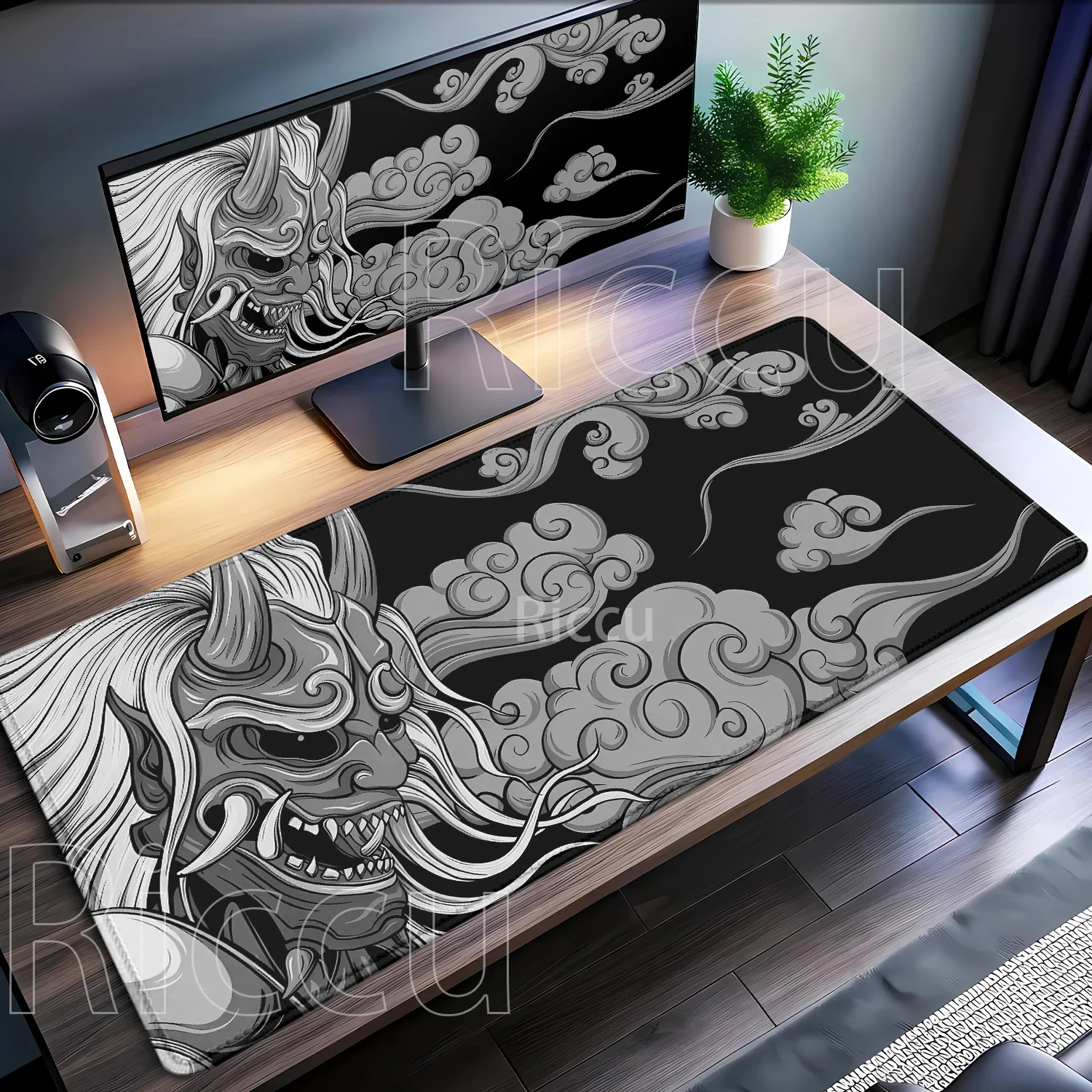 black and white Mouse Pad Japanese Ghost Face Non-slip HD Printing gaming Samurai Devil Mask Gaming office overlock XXL Desk Mat