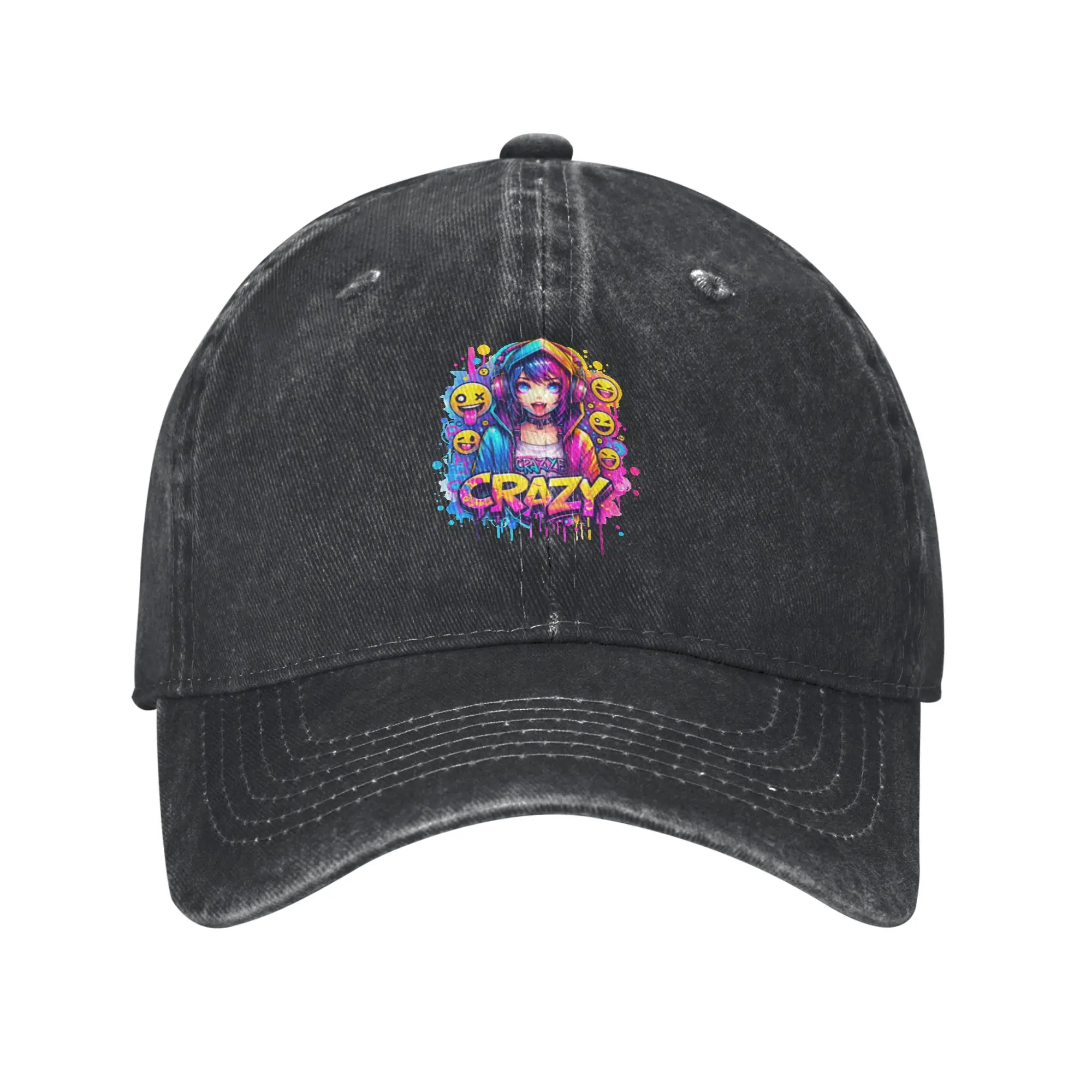 Crazy Anime Girl Neon Street Art   Colorful Aesthetic Hoodie Design Fashion Baseball Cap  Washable Man Hat  Cycling Man Hat