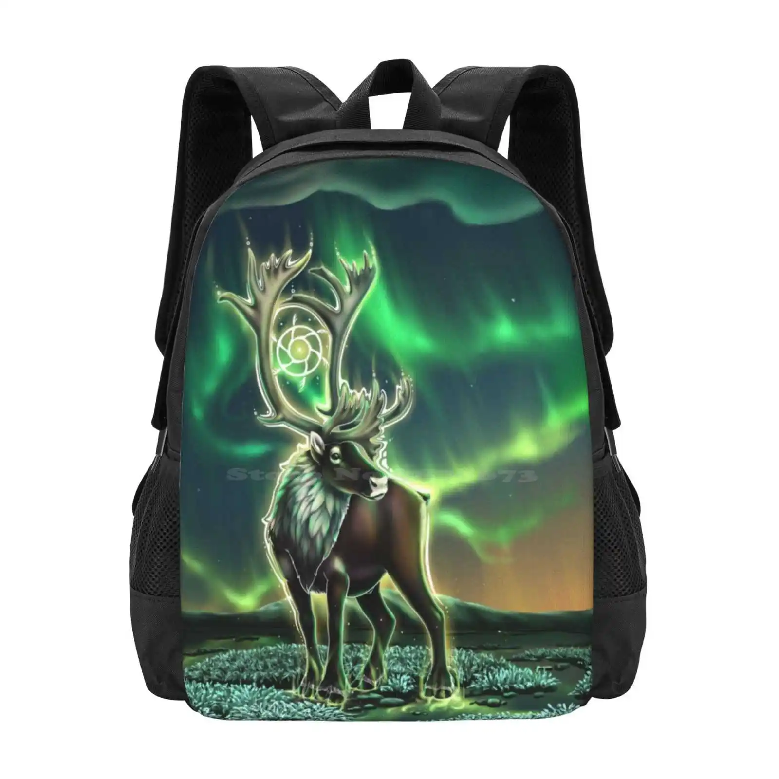 Caribou Borealis 3D Print Design Backpack Student Bag Caribou Reindeer Buck Stag Arctic Nature Wildlife Animal Spiritual