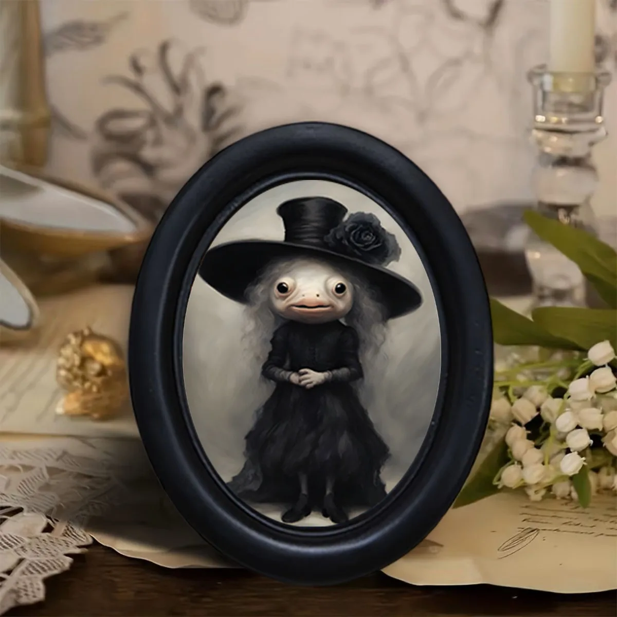 1 Piece Gothic Victorian Style Frog Witch Wall Art Decoration, Black Oval Frame, Dark Academy Style Frog Lady in Black Dress, Dark Witch Style Wall Decoration, Exclusive Gift for Frog Enthusiasts