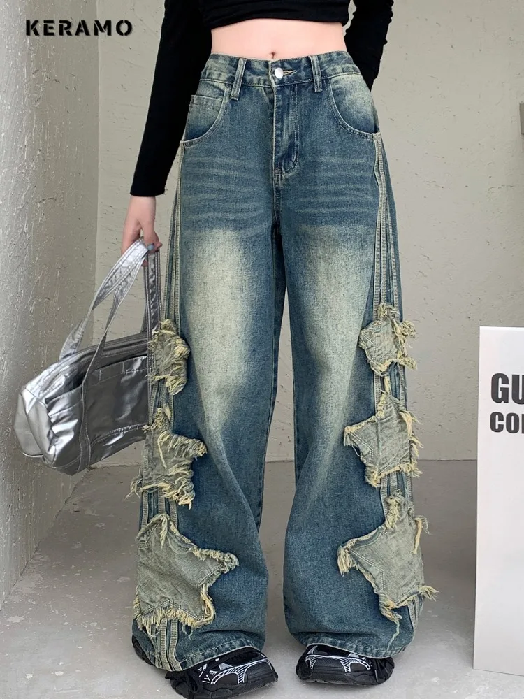 American Retro Women's Casual High Waist Straight Jeans Pockets Hip-hop Pants 2024 Spring Y2K Grunge Stars Tassels Denim Trouser