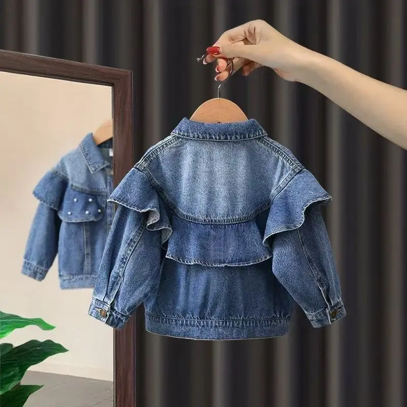 

2-7 Year Girls Denim Jacket Spring and Autumn 2025 New Children's Korean Jeans Pearl Top Girls Baby Fashion Coat 90-140CM