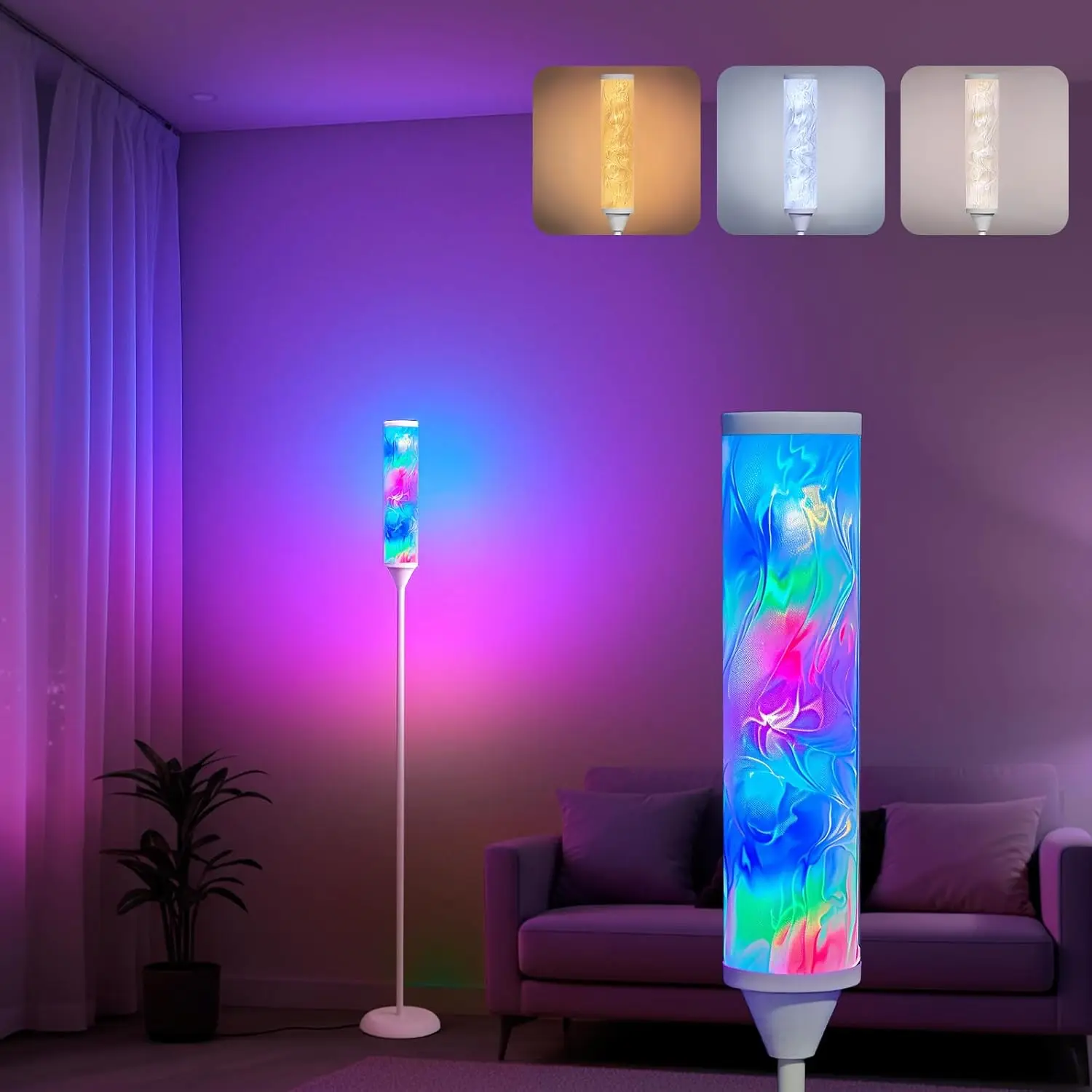 Lámpara de Pie LED RGB Inteligente con Efecto de Ondas de Agua, Control por Aplicación y Remoto, Sincronización con Música para Sala de Estar y Dormitorio