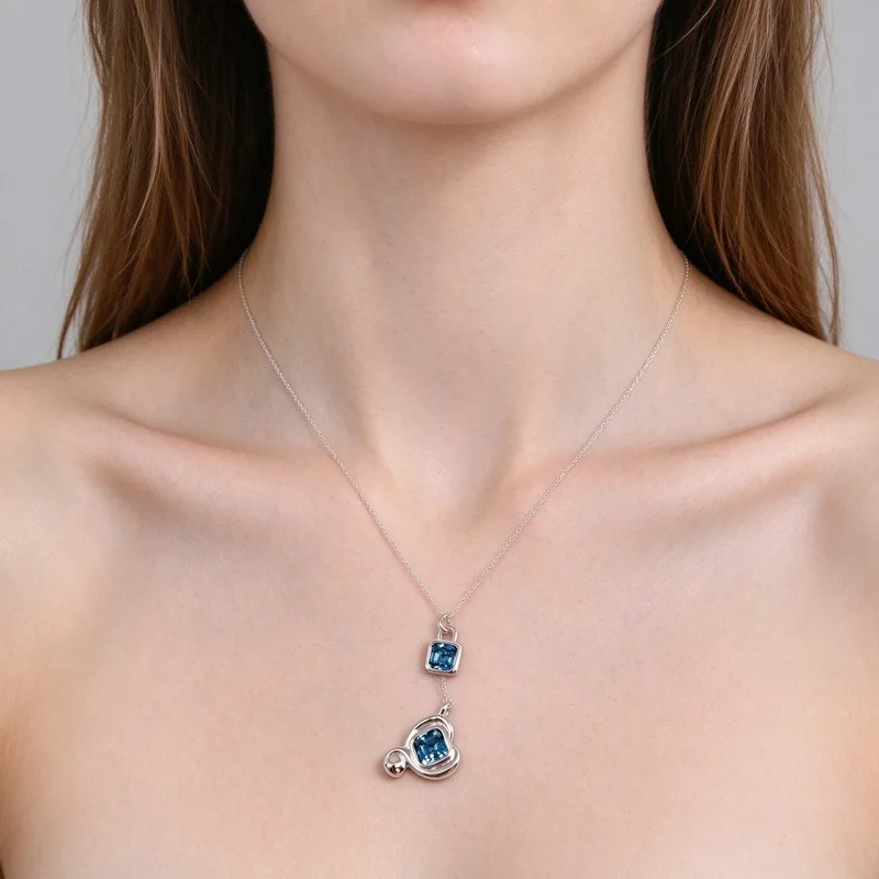 Layered Silver Necklace for Women, Two Layer Blue Gemstone Pendant Set, 45+6cm with Extender, High Quality Alloy, Hypoallergenic, Polished Mirror Finish, Minimalist Elegant Jewelry, Trendy Layering Statement Necklace, Versatile, Nice Gift, Easy to Match