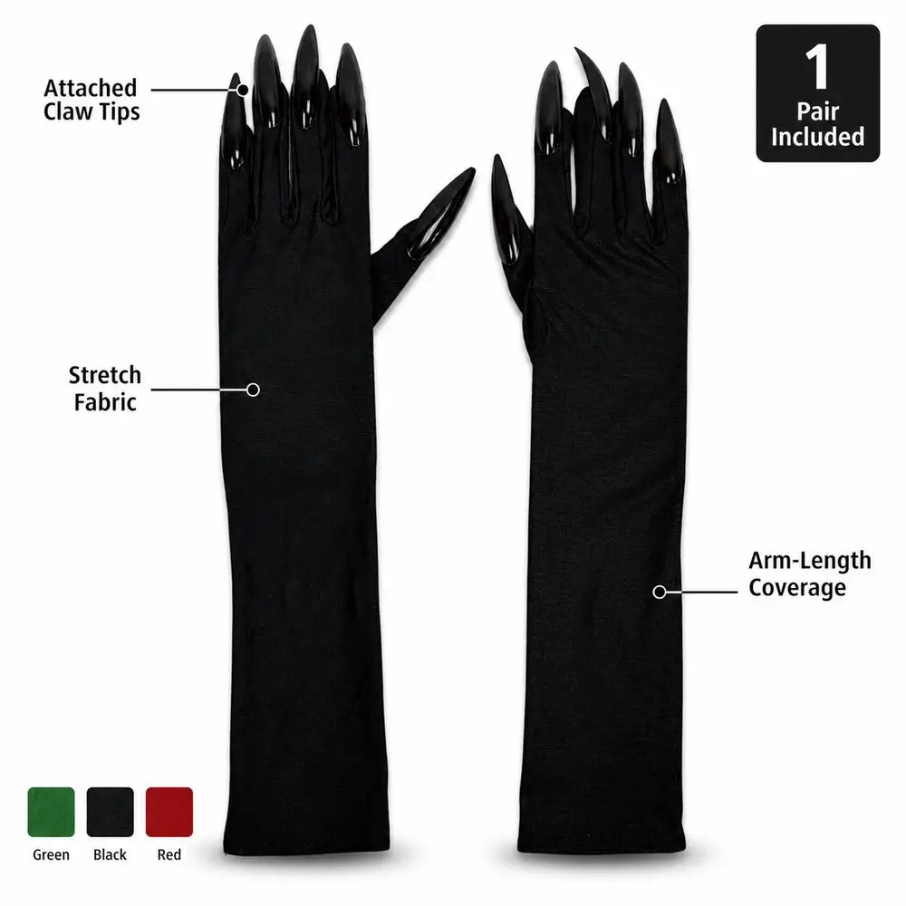 1pair 3D Nails Ghost Claw Gloves Elbow Length Stretch Fabric Long Nail Gloves Solid Gothic Style Halloween Claw Gloves