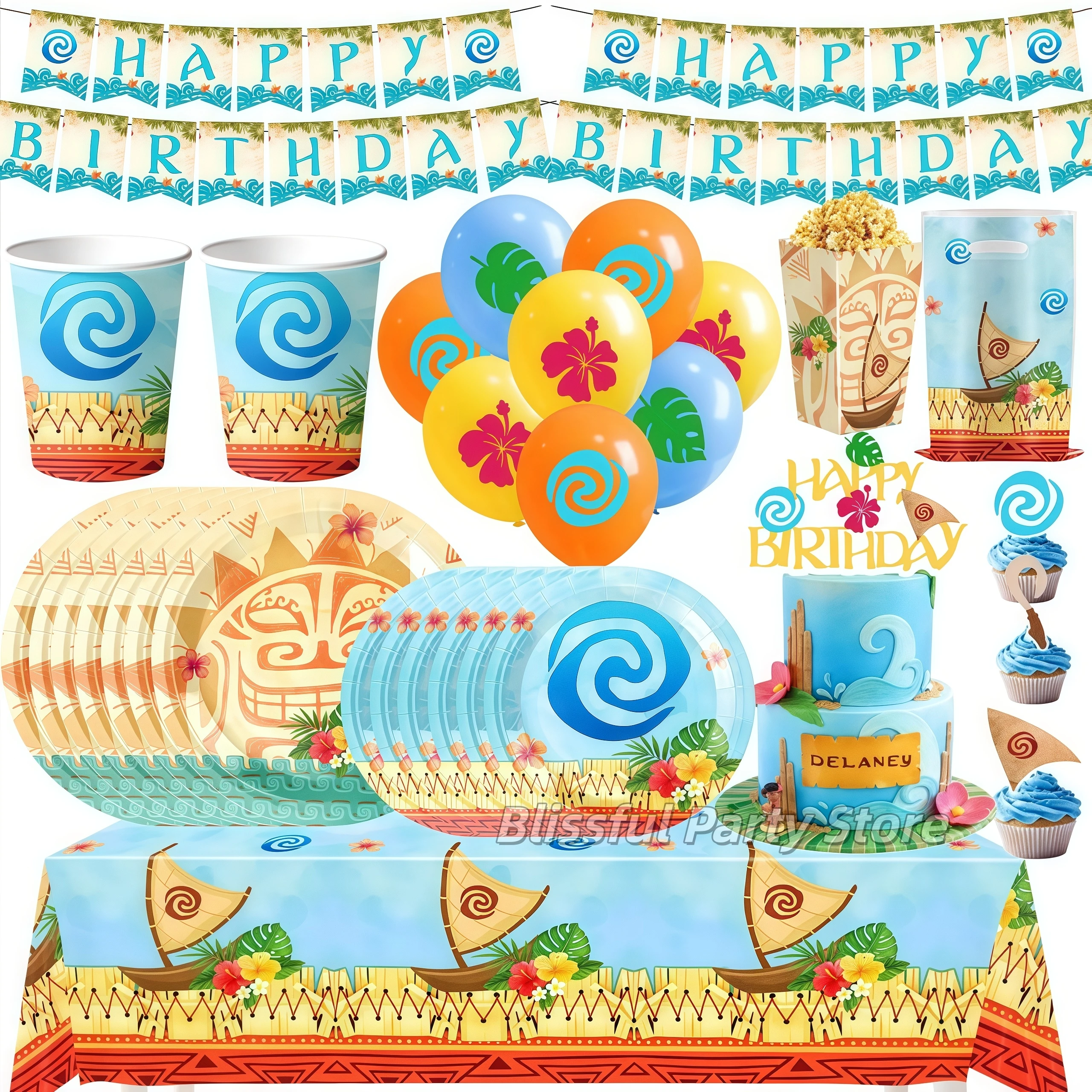 Décoration de fête d'anniversaire sur le thème de l'océan, assiettes de table jetables Moana, tasse, ballon, cadeaux pour enfants, fournitures de fête prénatale pour filles