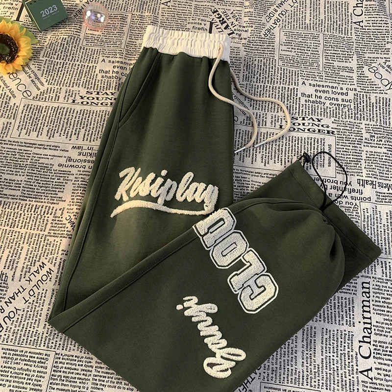 

Trendy High School Student Men's Oversize Long Pants Towel Embroidery Spor American Retro Sle Casual Trousers