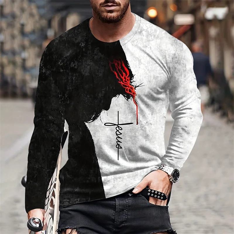 2026 T-shirt da uomo con motivo ad ala incrociata Gesù Cristo 3D stampato autunno/inverno casual manica lunga taglie forti girocollo T-shirt