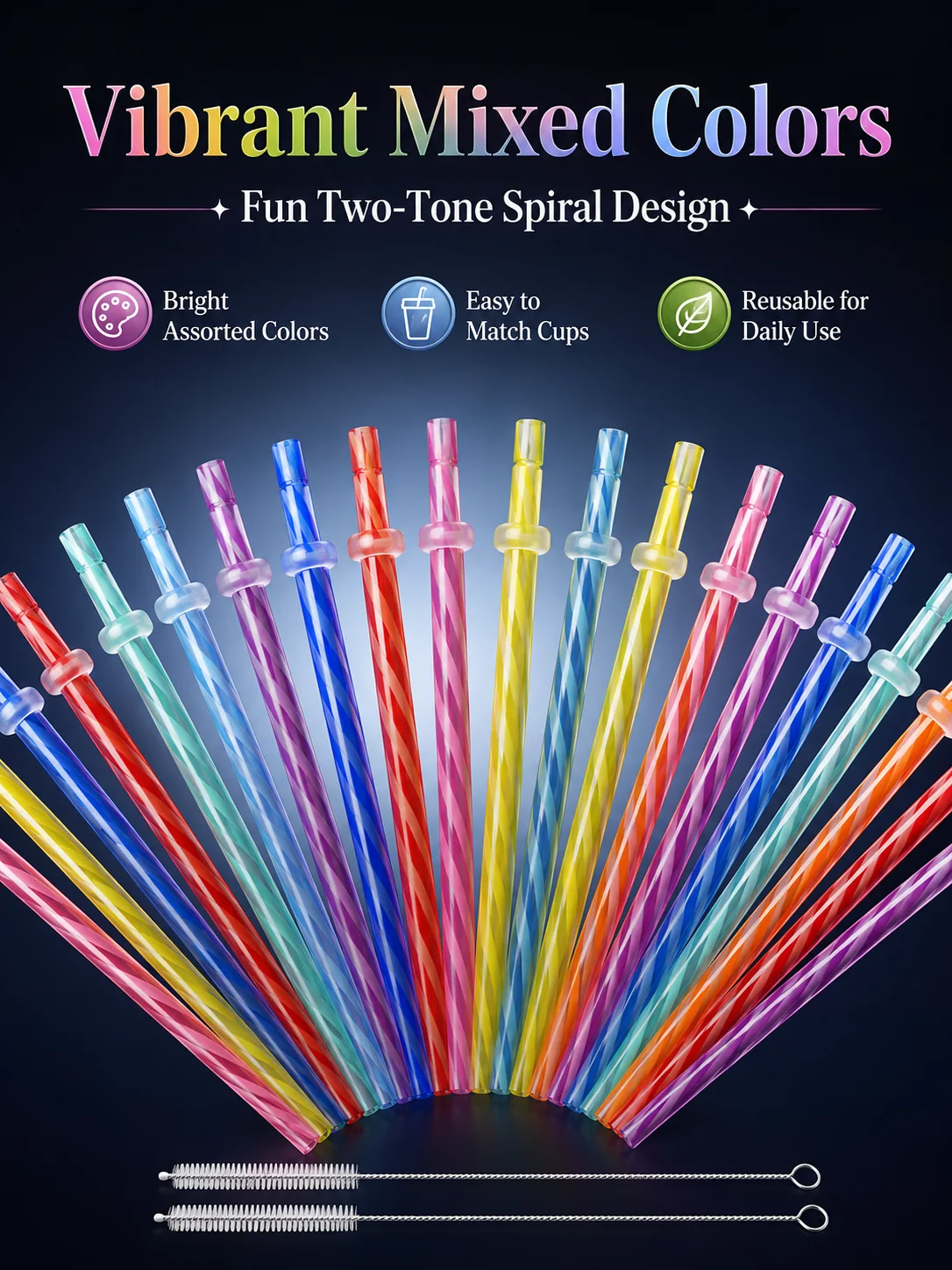 Reusable Two-Tone Spiral Hard Plastic Straws with Ring Stoppers, Sets of 20/32/50/100 Pieces, Equipped with 2 Cleaning Brushes