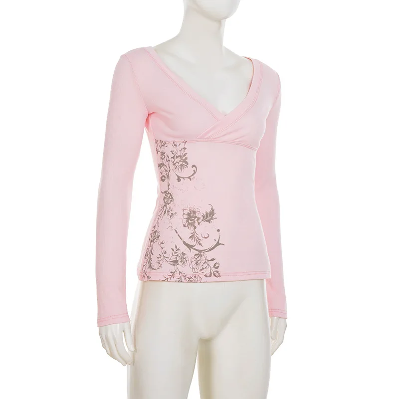 Retro floral print thread T-shirt new V-neck slim fit casual solid color long sleeved top