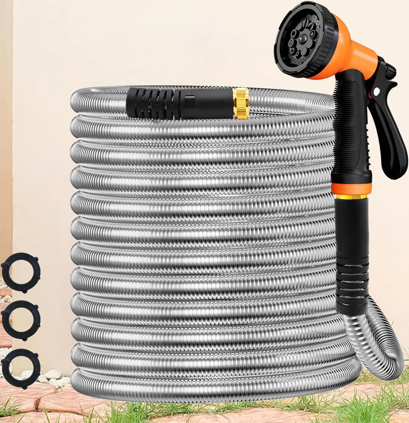 Garden Hose Stainless Steel Water Hose with 10 Functions Adjustable Spray Nozzle Heavy-Duty Metal Garden Hose for Yard Lawn