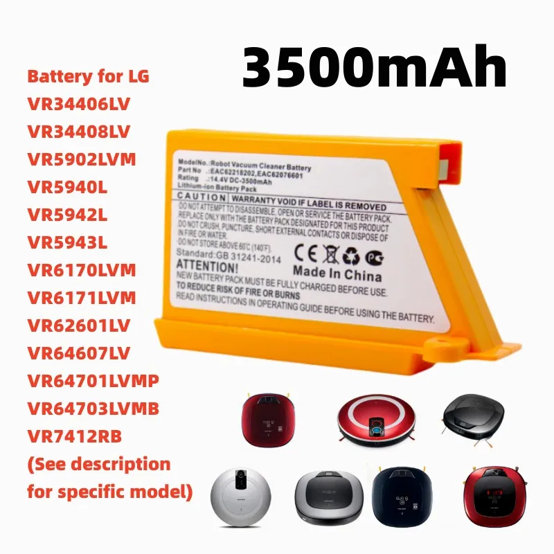 

5000mAh 3500mAh Robot Vacuum Cleaner Battery for LG VR6270LVB,VR6270LVMB,VR63455LV,VR6370LVM,VR64604LV,EAC60766103,EAC62218205